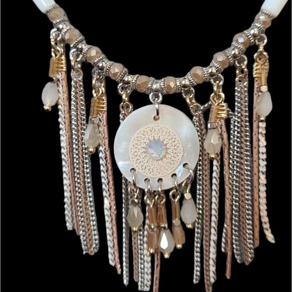 PARIS! Chains and Beads Necklace & Earring Set Rose Gold Silver Mother Of Pearl - Picture 7 of 10